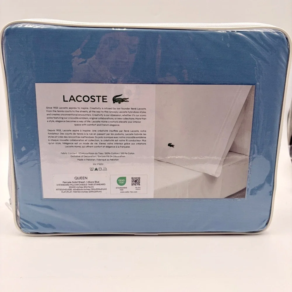 Lacoste Queen 4pc Sheet Set Allure Blue 100% Cotton Percale